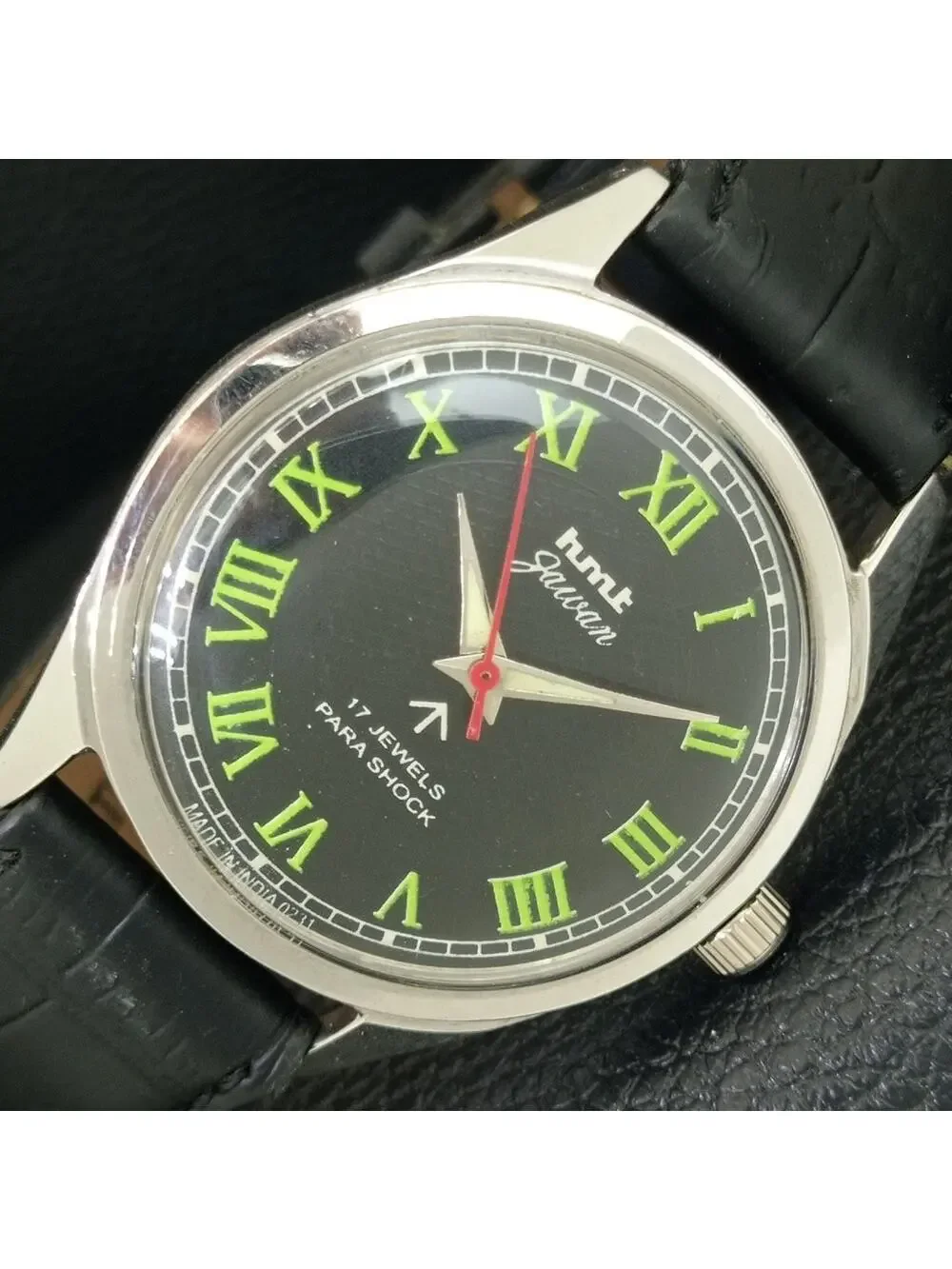 Vintage 1988 HMT Manual Wound Mens Silver Watch & Green accents